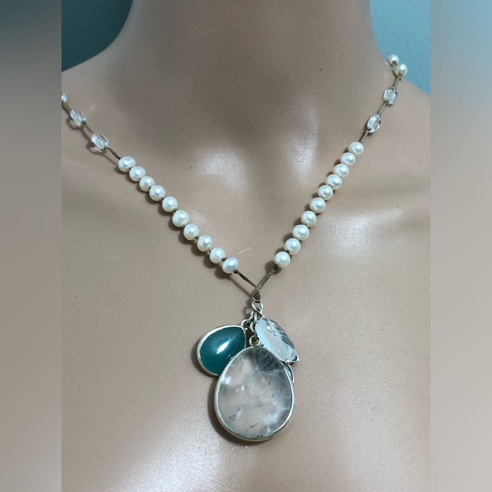 Silpada  Sterling Silver Pearl Quartzite Crystal Cord Leaf Long Necklace